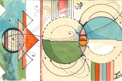 Cimarron Knight, Liminal space: Temporal time. An abstract drawing of ink and watercolour that layers colourful geometric shapes - circles and triangles - overlaid with sweeping dashed black lines.